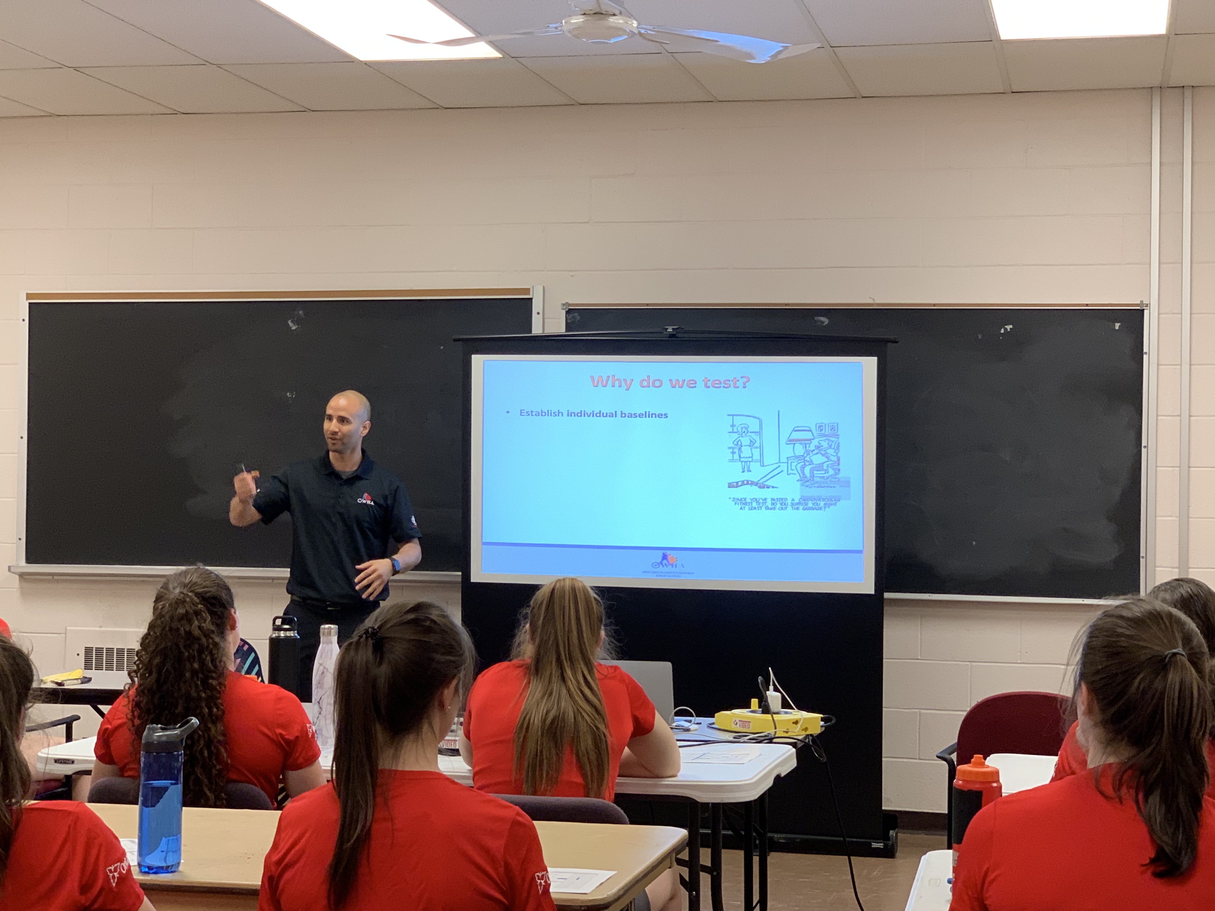 Adrian presenting to a room of athletes